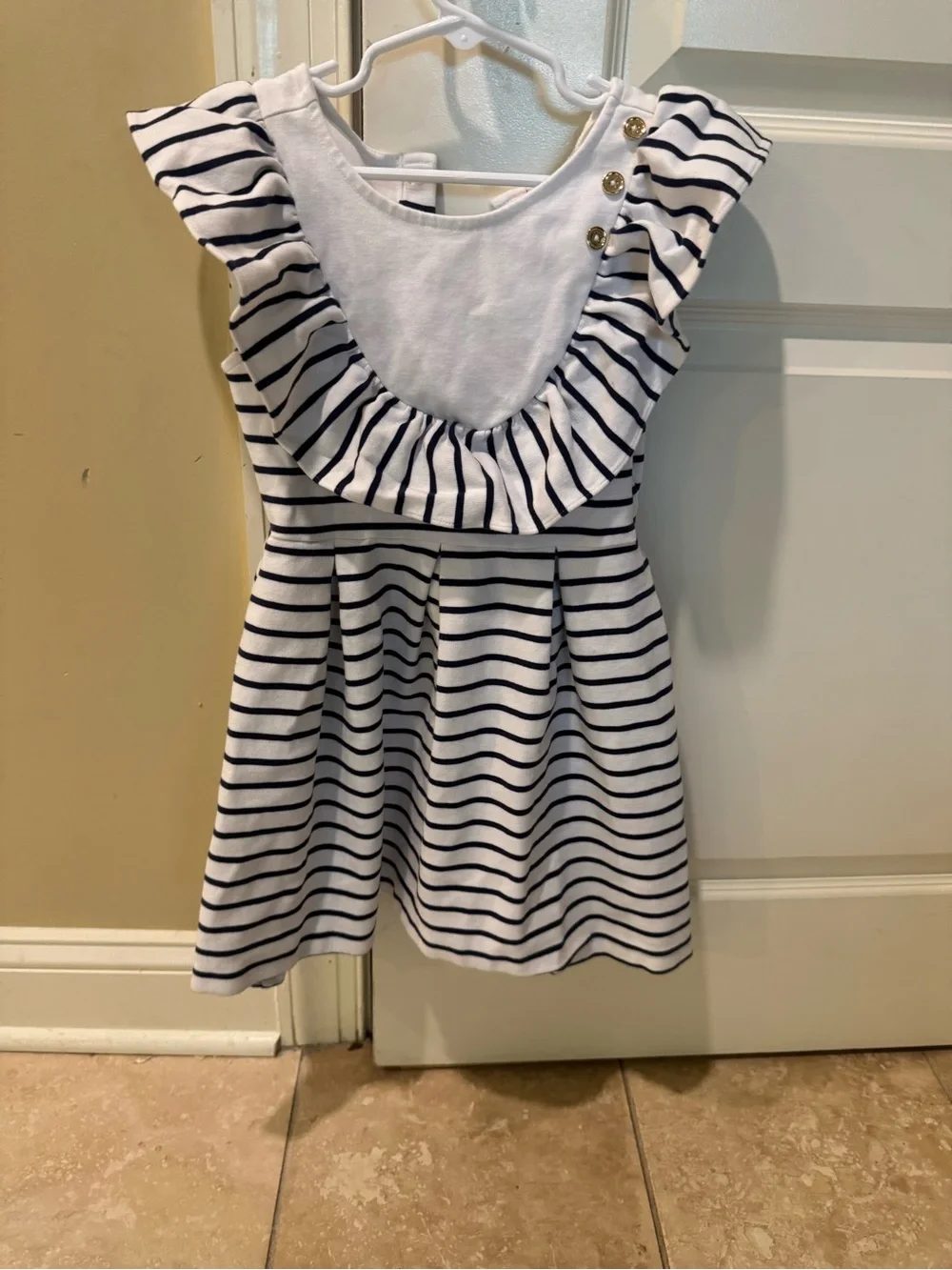 Janie and Jack White Dress with Navy Stripes and Ruffle Collar